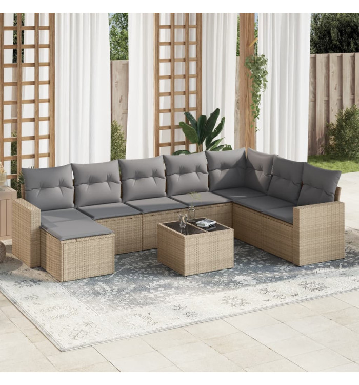 Salon de jardin avec coussins 9 pcs beige résine tressée | Mobilier & Déco