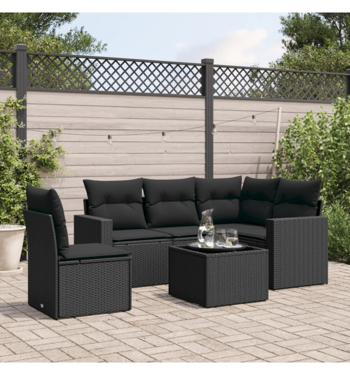 Salon de jardin 6 pcs avec coussins noir résine tressée | Mobilier & Déco