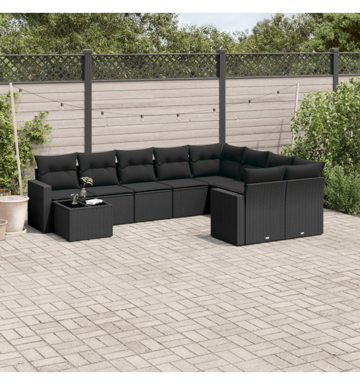 Salon de jardin 10 pcs avec coussins noir résine tressée | Mobilier & Déco