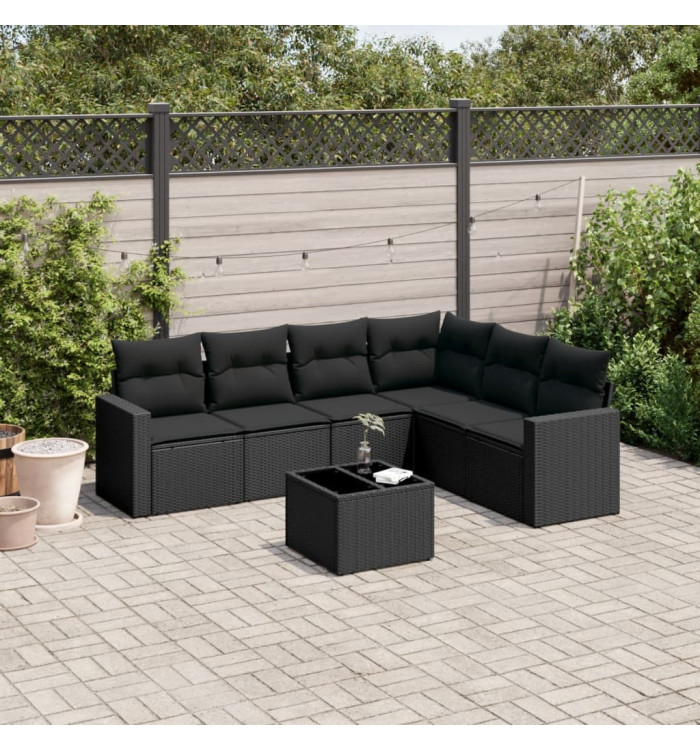 Salon de jardin 7 pcs avec coussins noir résine tressée | Mobilier & Déco