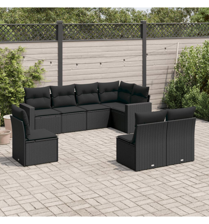 Salon de jardin 8 pcs avec coussins noir résine tressée | Mobilier & Déco