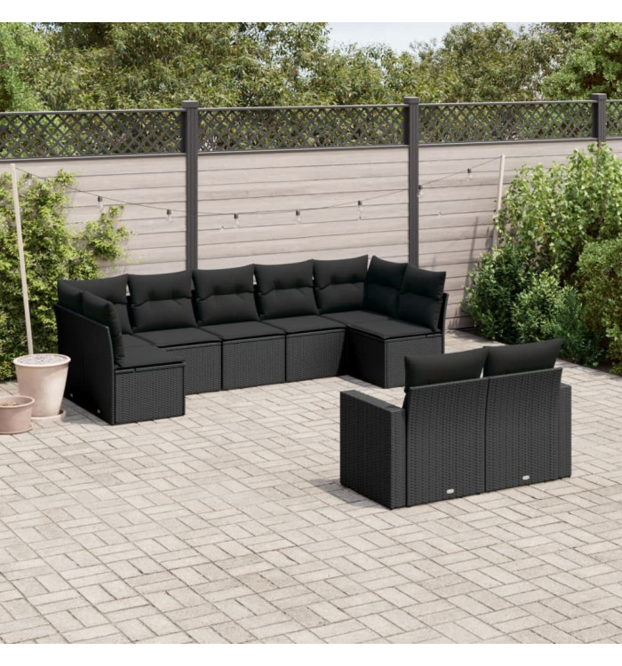 Salon de jardin 9 pcs avec coussins noir résine tressée | Mobilier & Déco