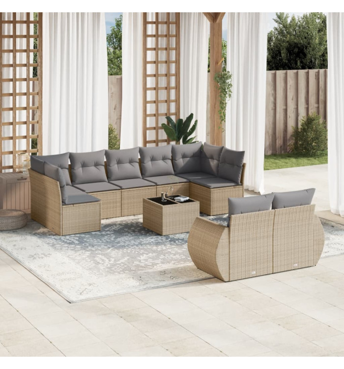 Salon de jardin avec coussins 10 pcs beige résine tressée | Mobilier & Déco