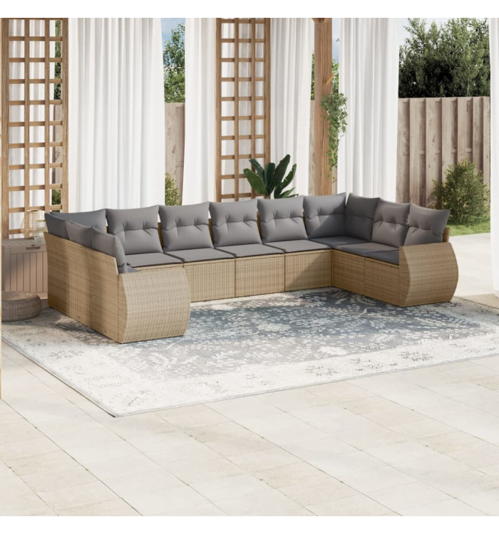 Salon de jardin avec coussins 10 pcs beige résine tressée | Mobilier & Déco