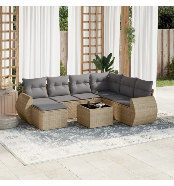 Salon de jardin avec coussins 8 pcs beige résine tressée | Mobilier & Déco