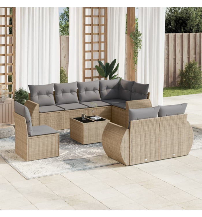 Salon de jardin avec coussins 9 pcs beige résine tressée | Mobilier & Déco