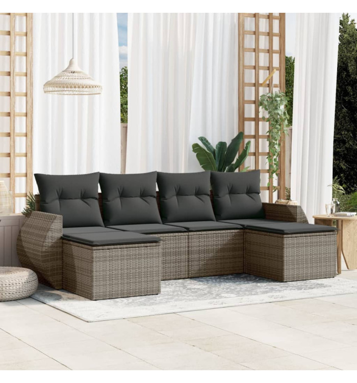 Salon de jardin 6 pcs avec coussins gris résine tressée | Mobilier & Déco