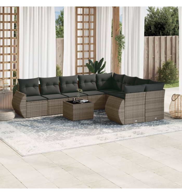 Salon de jardin avec coussins 10 pcs gris résine tressée | Mobilier & Déco