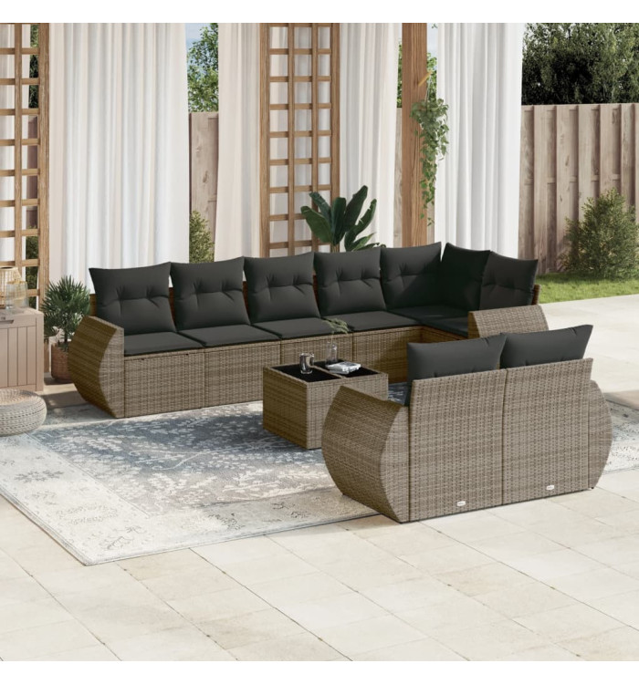 Salon de jardin 9 pcs avec coussins gris résine tressée | Mobilier & Déco