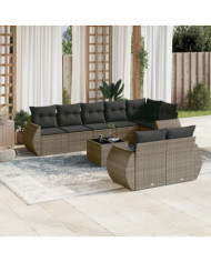 Salon de jardin 9 pcs avec coussins gris résine tressée | Mobilier & Déco
