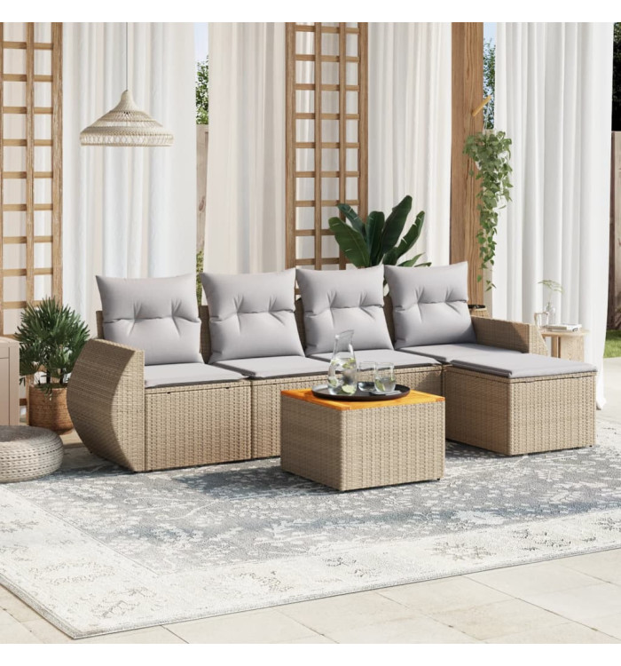 Salon de jardin avec coussins 6 pcs beige résine tressée | Mobilier & Déco