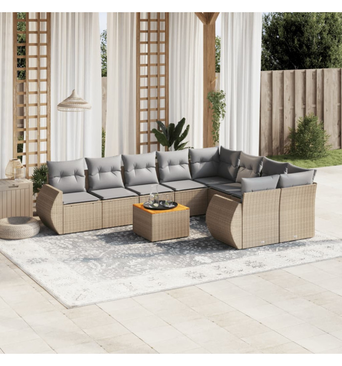 Salon de jardin avec coussins 10 pcs beige résine tressée | Mobilier & Déco