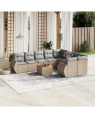 Salon de jardin avec coussins 10 pcs beige résine tressée | Mobilier & Déco