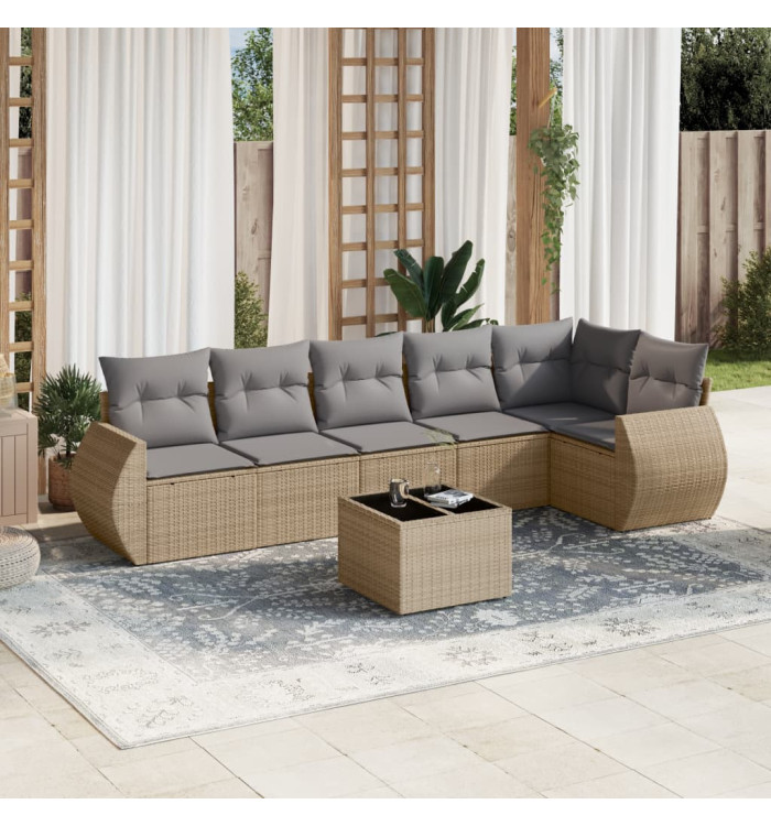 Salon de jardin avec coussins 7 pcs beige résine tressée | Mobilier & Déco