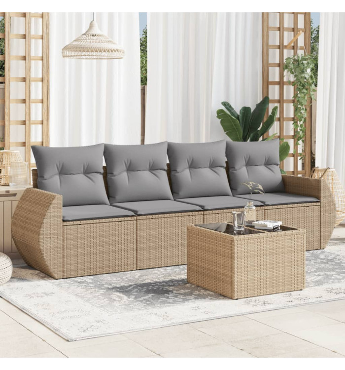 Salon de jardin avec coussins 5 pcs beige résine tressée | Mobilier & Déco