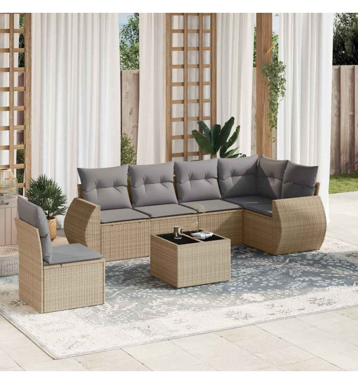 Salon de jardin avec coussins 7 pcs beige résine tressée | Mobilier & Déco
