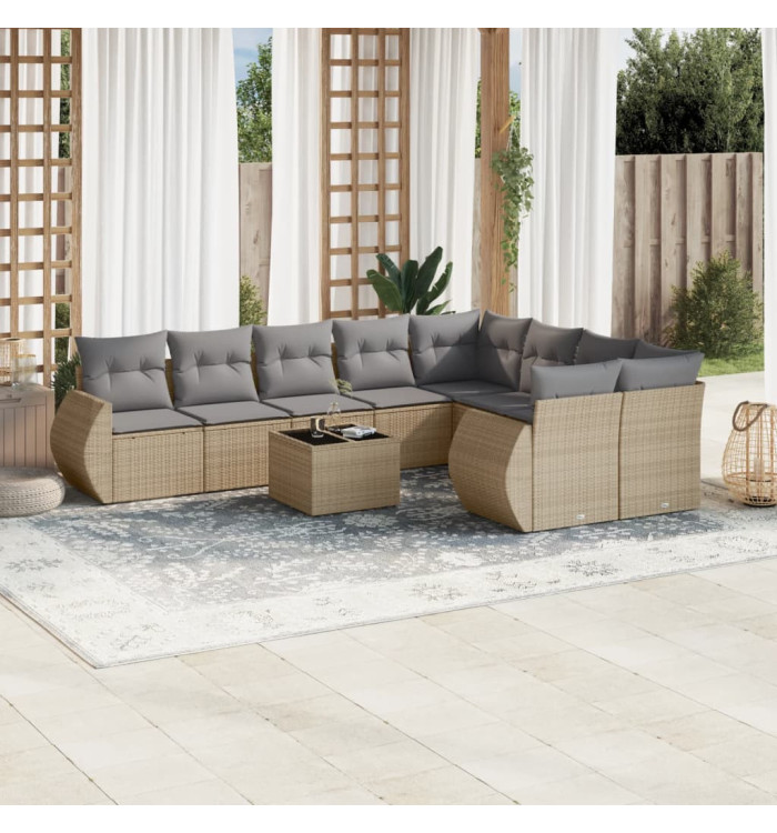 Salon de jardin avec coussins 10 pcs beige résine tressée | Mobilier & Déco