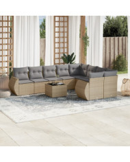 Salon de jardin avec coussins 10 pcs beige résine tressée | Mobilier & Déco
