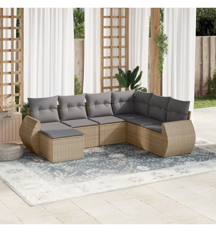 Salon de jardin avec coussins 7 pcs beige résine tressée | Mobilier & Déco