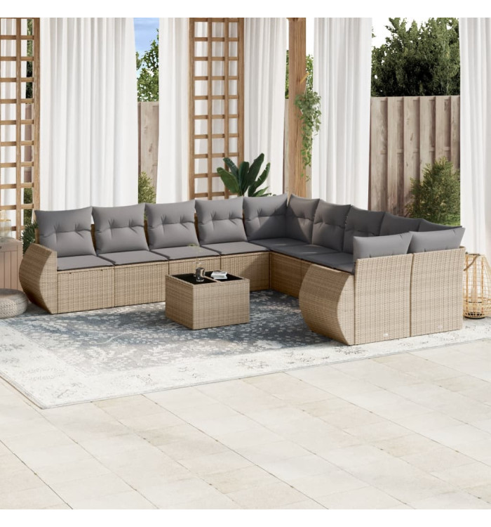 Salon de jardin 11 pcs avec coussins beige résine tressée | Mobilier & Déco