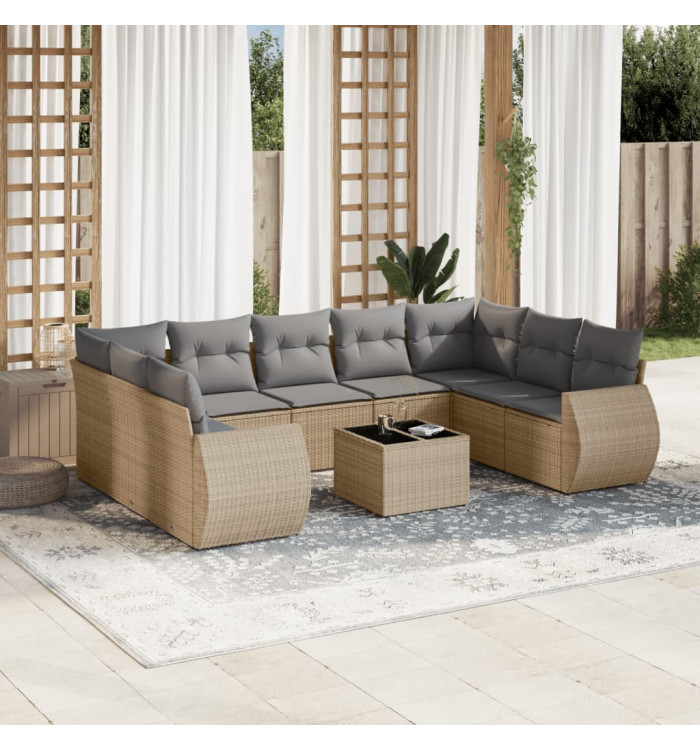 Salon de jardin avec coussins 10 pcs beige résine tressée | Mobilier & Déco