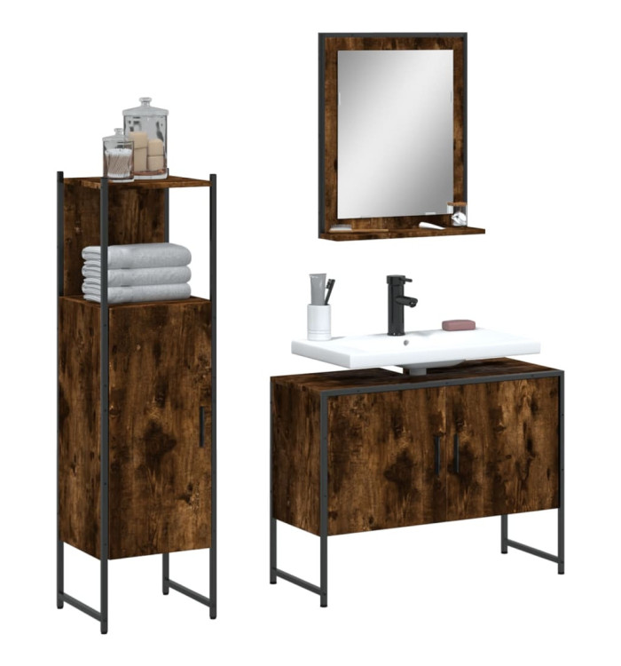 Ensemble d'armoires de salle de bain 3 pcs chêne fumé | Mobilier & Déco