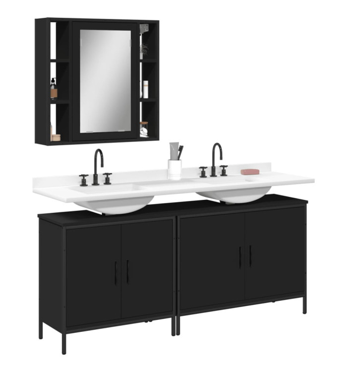 Ensemble d'armoires salle de bain 3 pcs noir bois d'ingénierie | Mobilier & Déco
