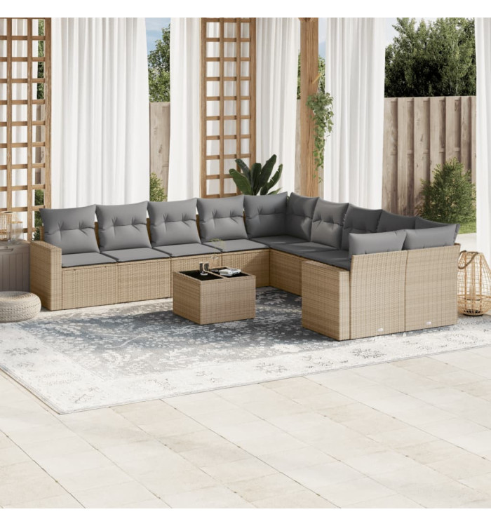 Salon de jardin 11 pcs avec coussins beige résine tressée | Mobilier & Déco