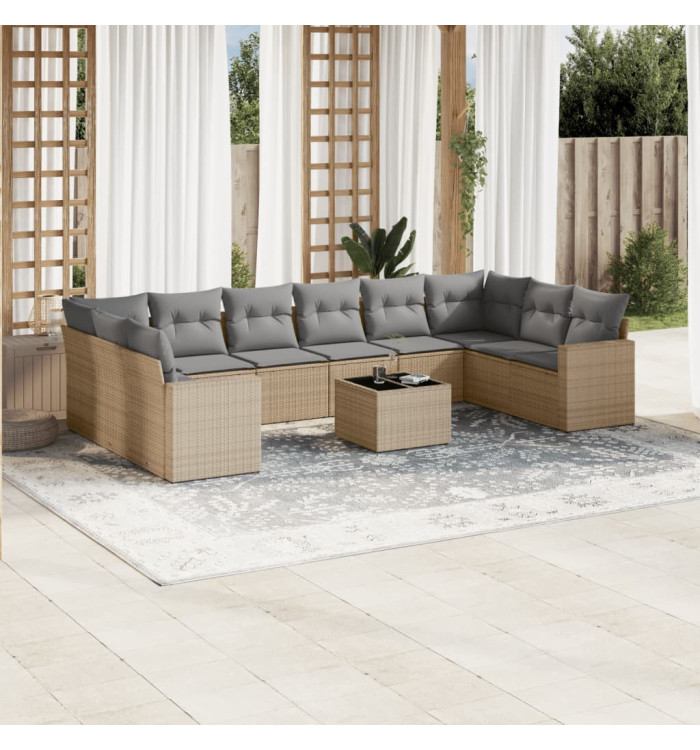 Salon de jardin 11 pcs avec coussins beige résine tressée | Mobilier & Déco
