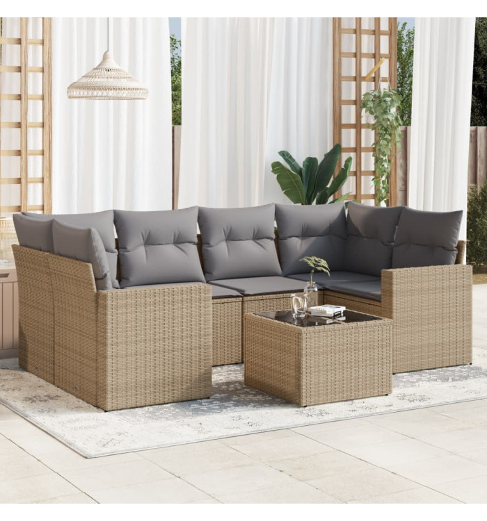 Salon de jardin avec coussins 7 pcs beige résine tressée | Mobilier & Déco