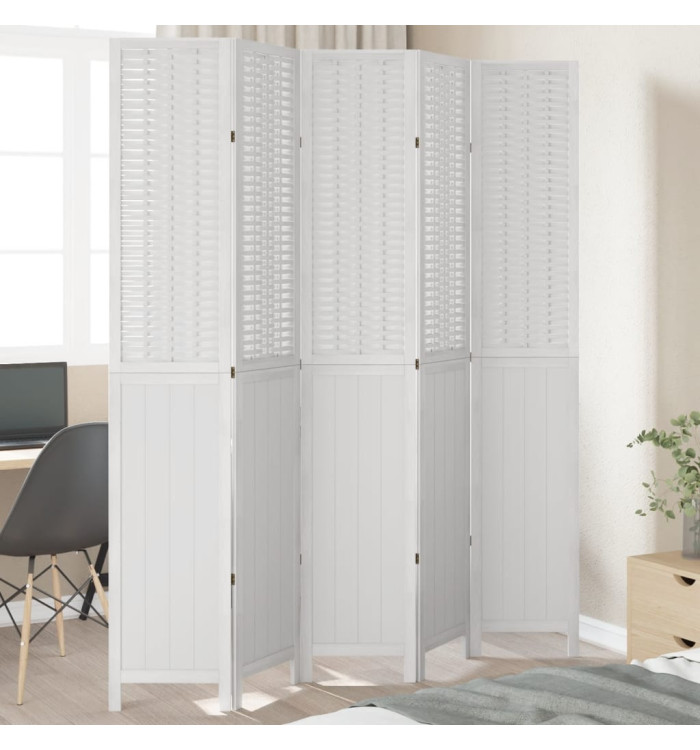 Cloison de séparation 5 panneaux blanc bois de paulownia massif | Mobilier & Déco