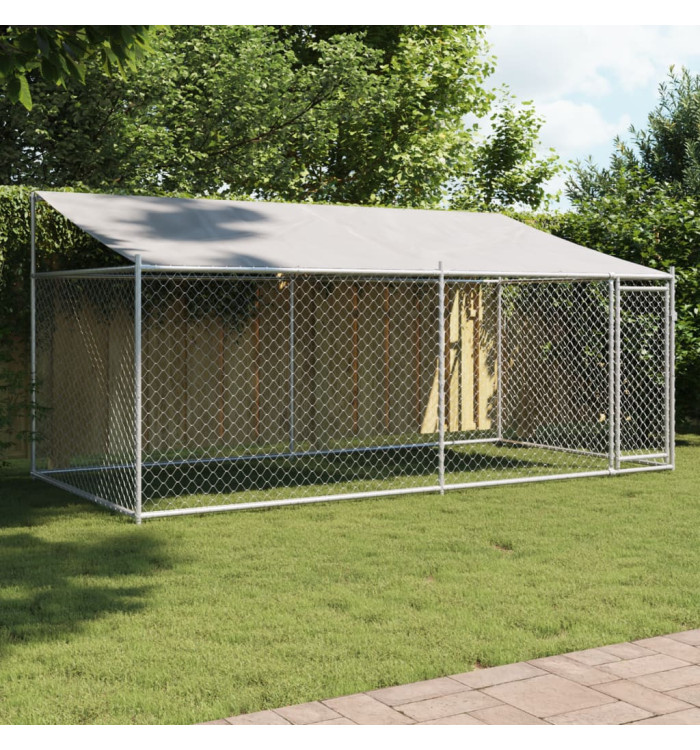 Cage pour chien avec toit et porte gris 4x2x2 m acier galvanisé | Mobilier & Déco