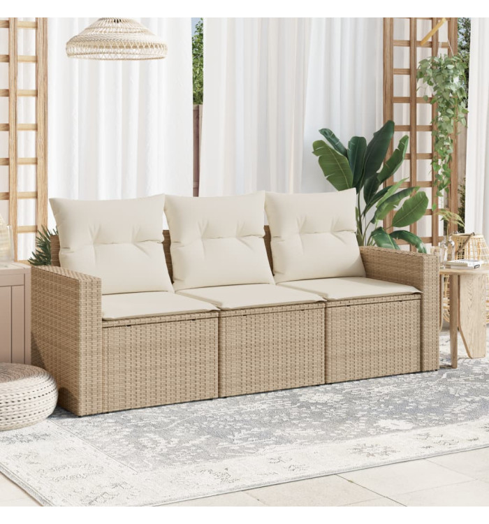 Salon de jardin avec coussins 3 pcs beige résine tressée | Mobilier & Déco