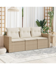 Salon de jardin avec coussins 3 pcs beige résine tressée | Mobilier & Déco