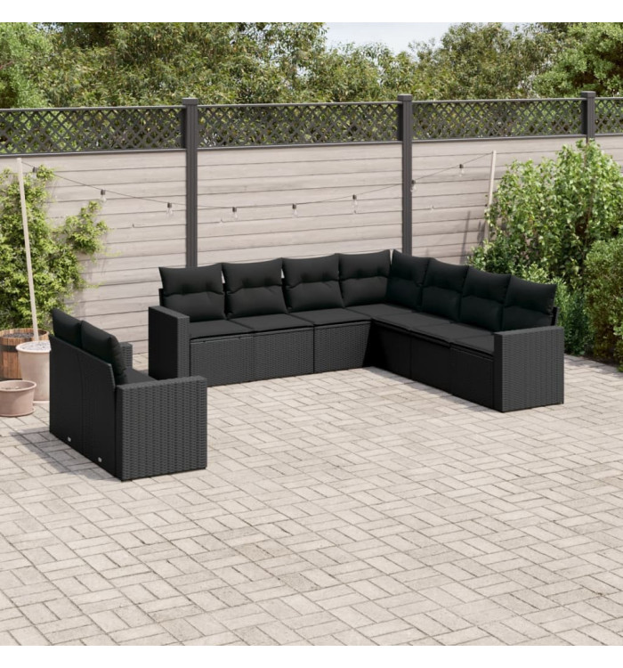 Salon de jardin 9 pcs avec coussins noir résine tressée | Mobilier & Déco