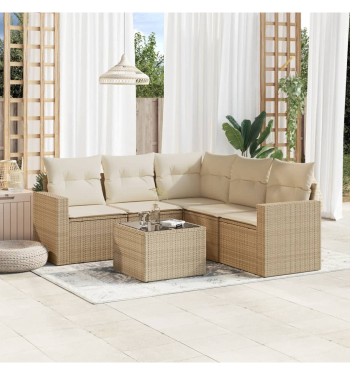 Salon de jardin avec coussins 6 pcs beige résine tressée | Mobilier & Déco