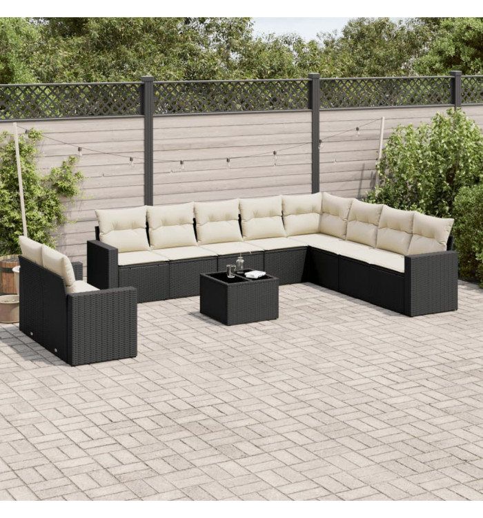 Salon de jardin 11 pcs avec coussins noir résine tressée | Mobilier & Déco