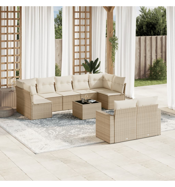 Salon de jardin avec coussins 10 pcs beige résine tressée | Mobilier & Déco