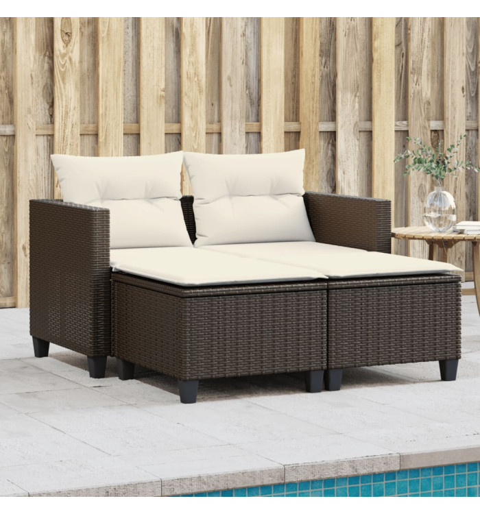Canapé de jardin 2 places avec tabourets marron résine tressée | Mobilier & Déco