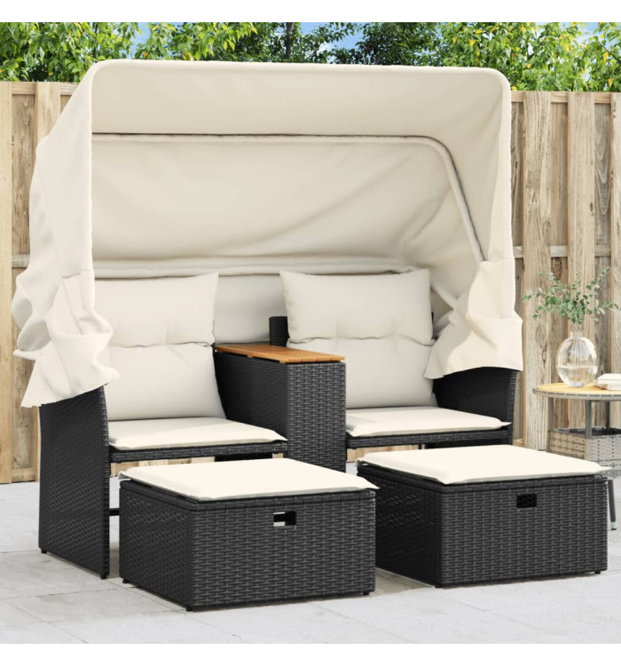 Canapé de jardin 2 places avec auvent et tabourets noir rotin | Mobilier & Déco