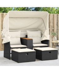 Canapé de jardin 2 places avec auvent et tabourets noir rotin | Mobilier & Déco
