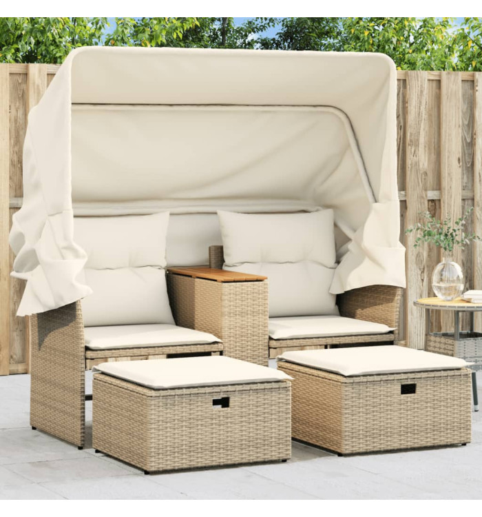 Canapé de jardin 2 places avec auvent et tabourets beige rotin | Mobilier & Déco