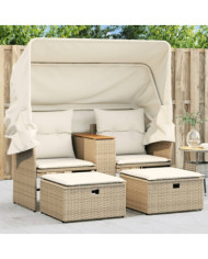Canapé de jardin 2 places avec auvent et tabourets beige rotin | Mobilier & Déco