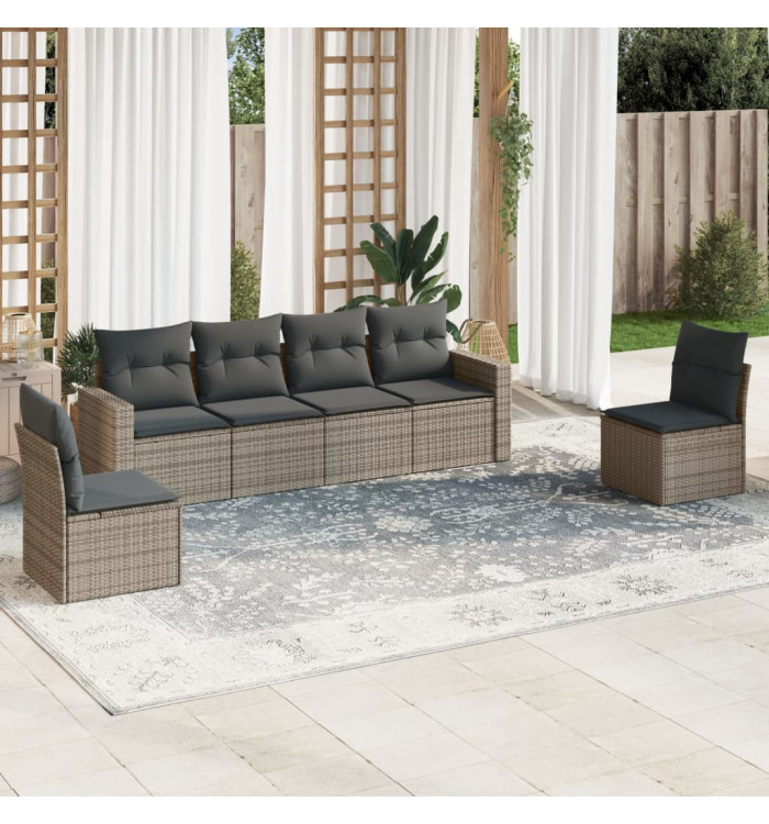 Salon de jardin 6 pcs avec coussins gris résine tressée | Mobilier & Déco