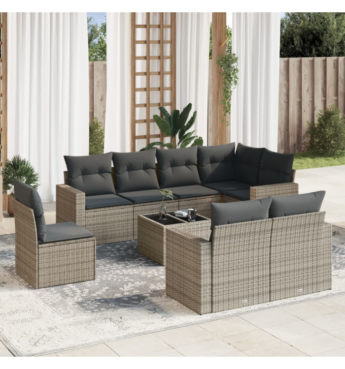 Salon de jardin 9 pcs avec coussins gris résine tressée | Mobilier & Déco