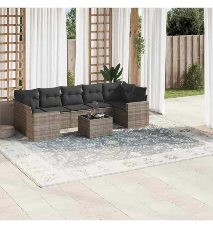 Salon de jardin 8 pcs avec coussins gris résine tressée | Mobilier & Déco