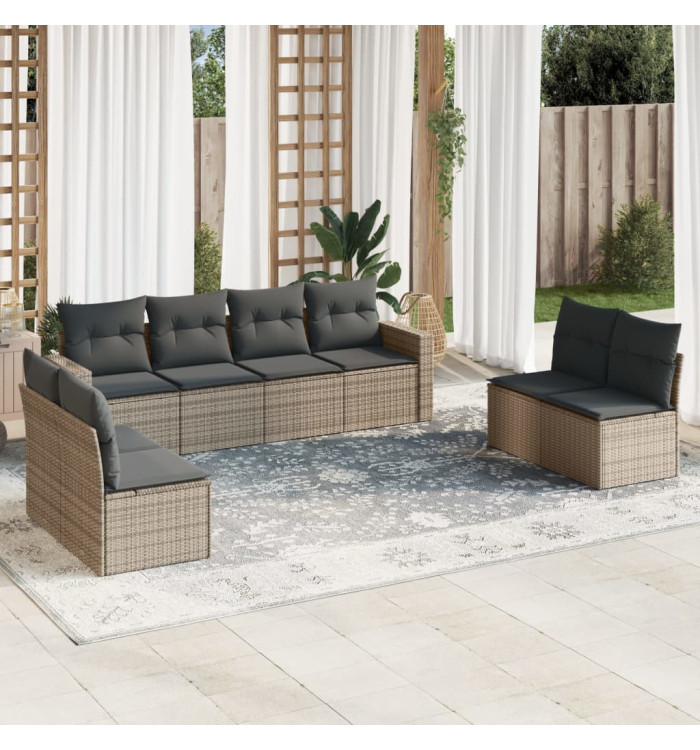 Salon de jardin 8 pcs avec coussins gris résine tressée | Mobilier & Déco