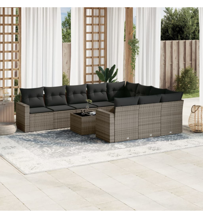 Salon de jardin 11 pcs avec coussins gris résine tressée | Mobilier & Déco