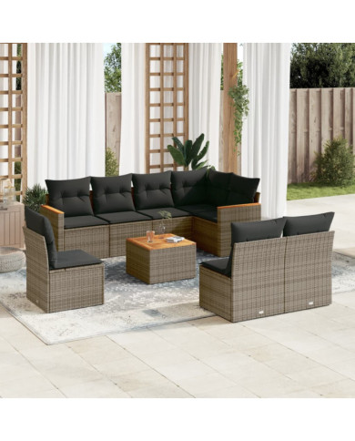 Salon de jardin 9 pcs avec coussins gris résine tressée | Mobilier & Déco