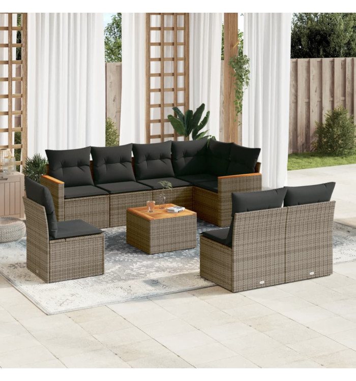 Salon de jardin 9 pcs avec coussins gris résine tressée | Mobilier & Déco